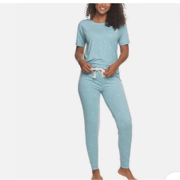 Felina 3 Piece PJ Set Tee Short Jogger Size M Polka Dot Blue - Picture 3 of 8